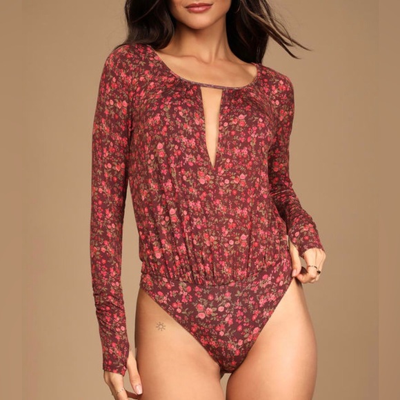 FREE PEOPLE  Kaya Brown Floral Print Long Sleeve Bodysuit - Picture 1 of 10
